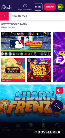 A screenshot of the mobile casino games library page for PartyCasino
